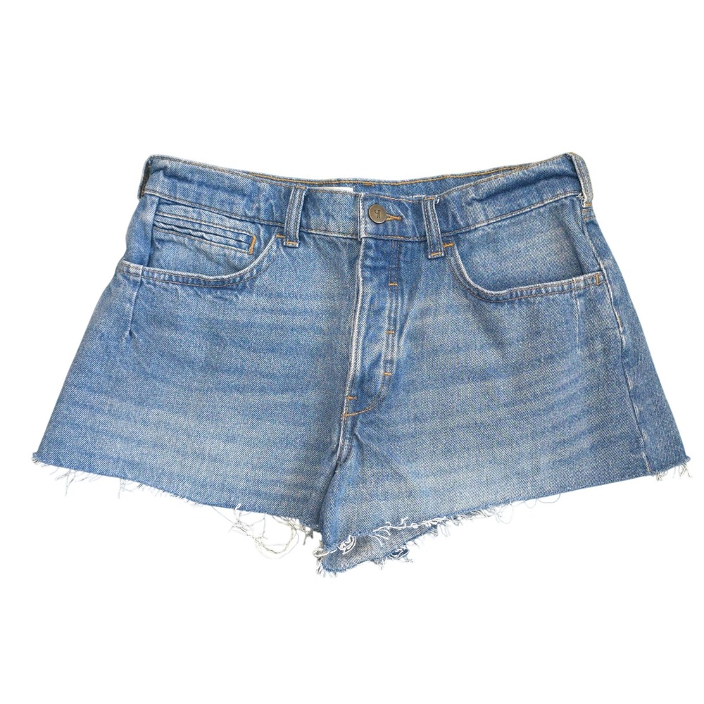 Pilcro Anthropologie High Rise Button  Fly Denim Shorts Blue Raw Hem Size 28